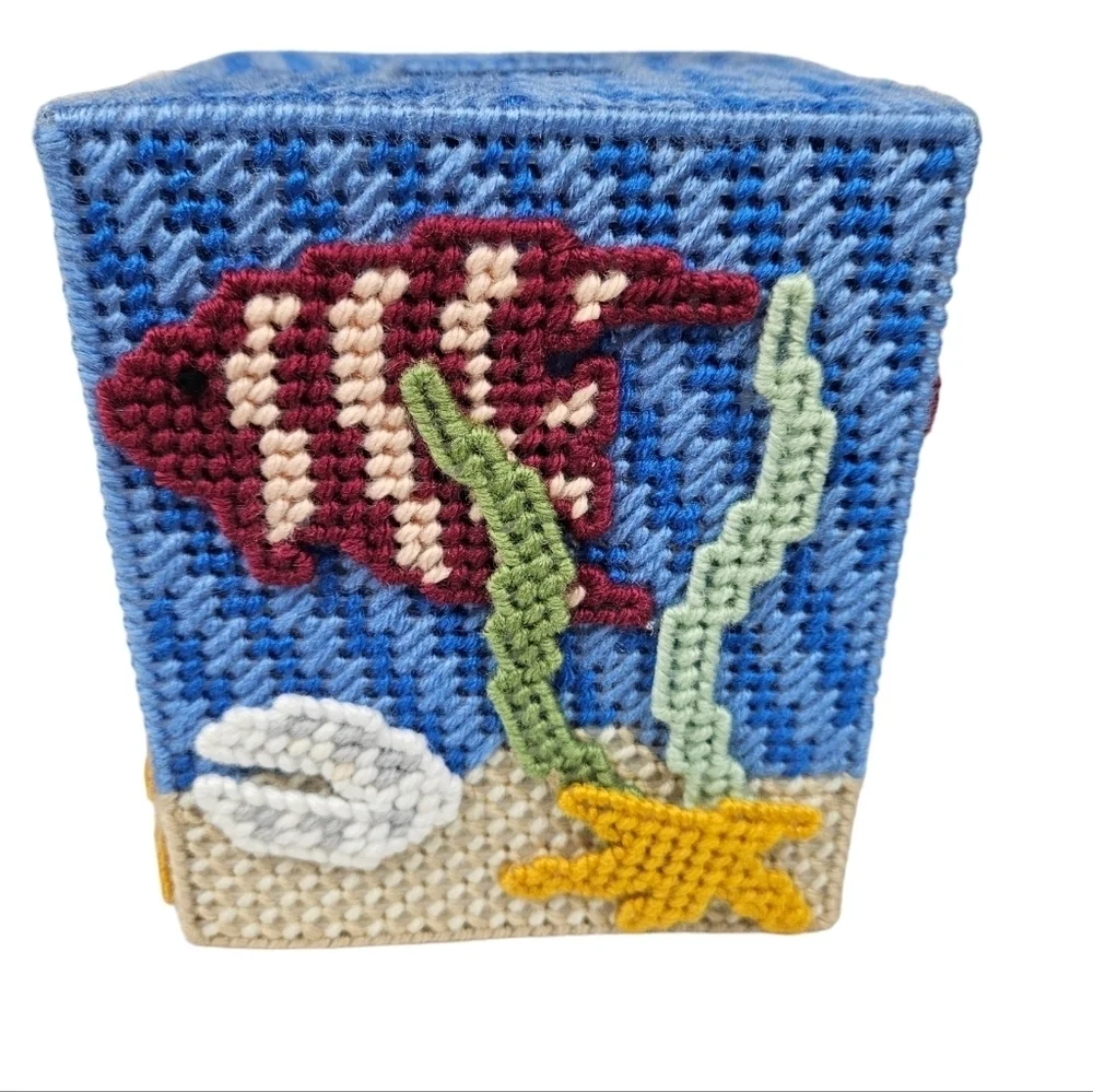 Handmade 3D Angel‎ Fish & Coral Needlepoint Tissue Box Cover